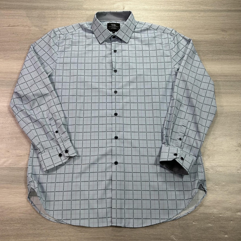 WRK Shirt Mens 17.5 Gray Blue Windowpane Plaid Long Sleeve Button Down Stretch